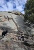 Person sitting on rocks near a small campfire beside a large rock formation with a border collie standing nearby and a tree on the right under a partly cloudy sky