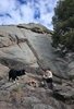 Man wearing a cowboy hat sitting on rocky terrain near a small campfire with a black and white dog standing on a rock nearby beneath a large rock formation and trees