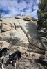 Two black and white border collies standing on rocky ground near a large light gray rock face under a partly cloudy blue sky