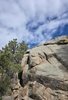 Large weathered boulder formation with green pine trees to the side and a partly cloudy blue sky overhead