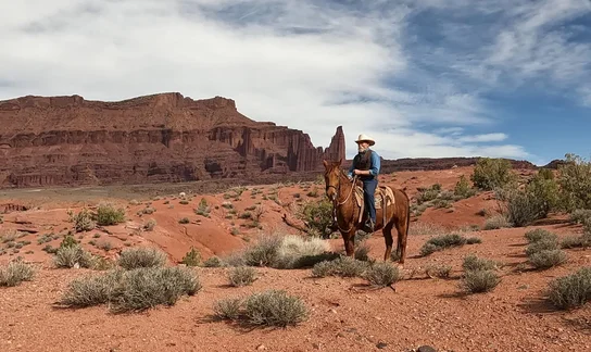 Man wearing a cowboy hat sitting on a brown horse in a red rock desert landscape with sparse vegetation and large rock formations in the background