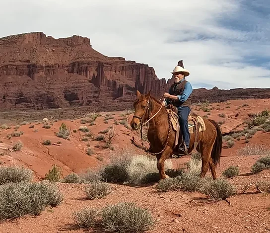 A man wearing a cowboy hat and vest riding a brown horse in a red rock desert landscape with sparse bushes and large rocky cliffs in the background