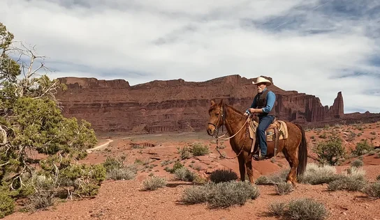 Man wearing a cowboy hat riding a brown horse in a desert landscape with red rock formations and sparse scrub vegetation