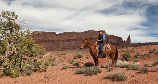 Man wearing a cowboy hat rides a horse through a red rock desert landscape with scattered shrubs and a distant cliff under a partly cloudy sky
