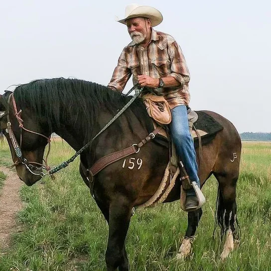 man wearing a cowboy hat and plaid shirt sitting on a dark horse with the number 159 branded on its side, in a grassy field