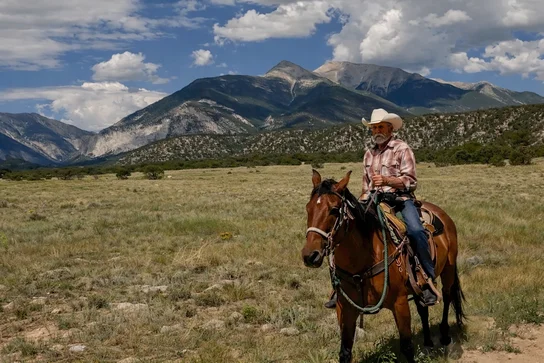 Man wearing a white cowboy hat and plaid shirt riding a brown horse in a grassy plain with mountains and a partly cloudy sky in the background