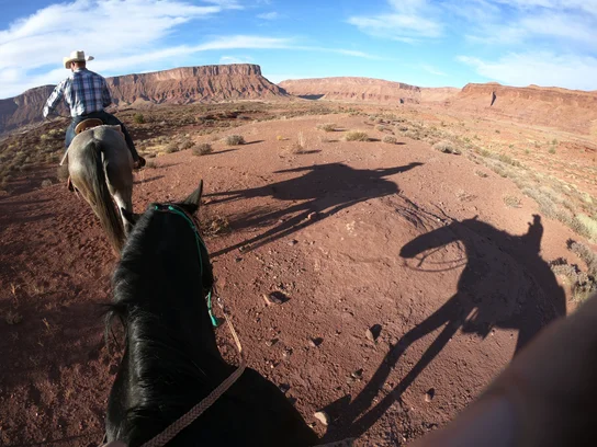 View from horseback of a rider in a plaid shirt and cowboy hat on a dusty red trail with expansive rocky cliffs and blue sky in the background