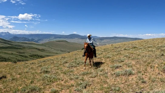 A person wearing a cowboy hat rides a brown horse across a grassy hillside with distant mountains under a blue sky with scattered clouds