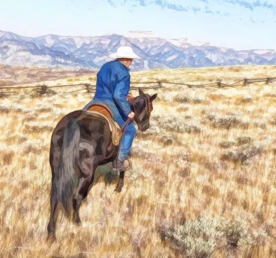 Person wearing a white cowboy hat and denim jacket riding a dark brown horse through a grassy field with mountains in the background