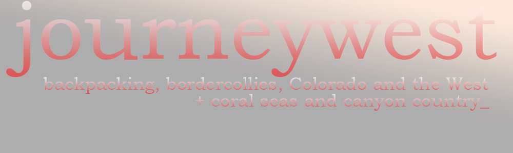 Large stylized text reading 'journeywest' with smaller subtitle mentioning backpacking, border collies, Colorado, the West, coral seas, and canyon country against a gray gradient background