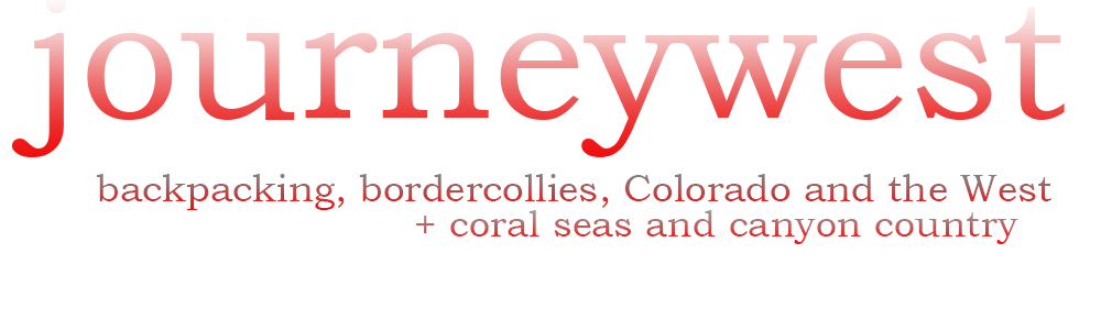 Logo text reading 'journeywest' in gradient red letters with a subtitle describing backpacking, border collies, Colorado, the West, coral seas, and canyon country