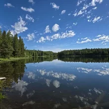 Calm lake reflecting scattered clouds and dense forest along the shoreline under a blue sky