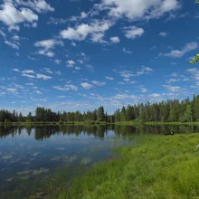Calm lake with clear reflections of trees and a partly cloudy sky