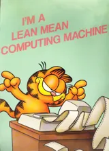 Cartoon cat with a confident expression pointing up beside a vintage printing calculator with paper printout