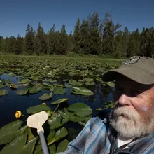 Bearded man in a plaid shirt and cap paddling a canoe through a pond covered with lily pads under a clear blue sky