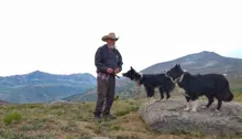 Man in a cowboy hat interacting with two black and white dogs on a rocky mountain landscape