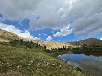 Mountain landscape with grassy hills, scattered bushes and pine trees, a small reflective lake, and partly cloudy blue sky