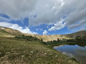 Grassy hillside with scattered rocks, evergreen shrubs and trees near a calm, reflective lake beneath a partly cloudy sky